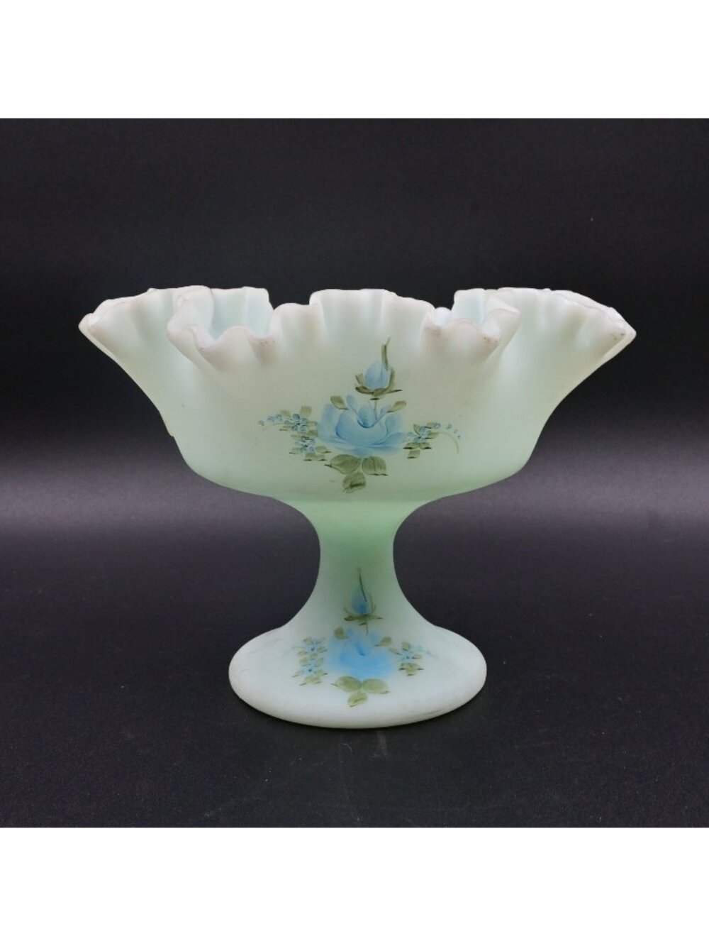 Fenton Blue Roses Satin Custard Glass Pedestal Compote Bowl Signed Vintage